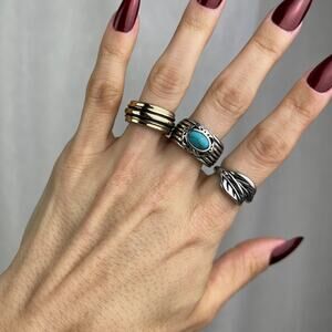 3 Boho Rings Set Silver Leaves Gold Black Stripes Turquoise Howlite 5.5, 6, 6.5